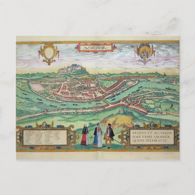Karta av Salzburg, från "Civitates Orbis Terrarum" Vykort (Framsida)