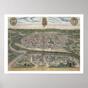 Karta av Seville, från "Civitates Orbis Terrarum" Poster