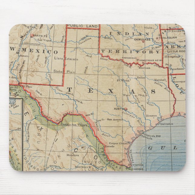 Karta av Texas med städer och floder - antikvitet Musmatta (Framsidan)