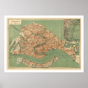 Karta av Venedig, italien runt om 1886 Poster