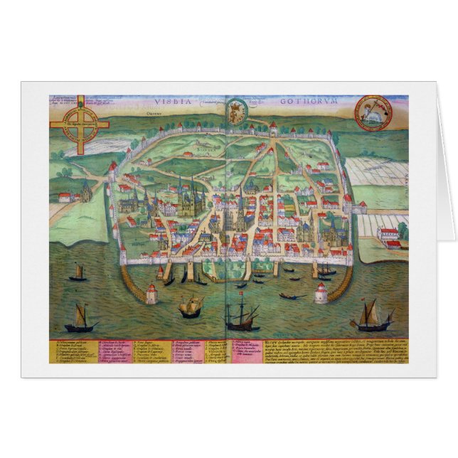 Karta av Visby, från "Civitates Orbis Terrarum" Hälsningskort (Framsidan Horizontal)