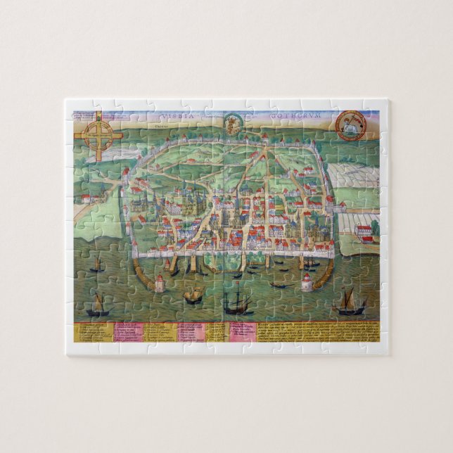 Karta av Visby, från "Civitates Orbis Terrarum" Pussel (Horisontell)