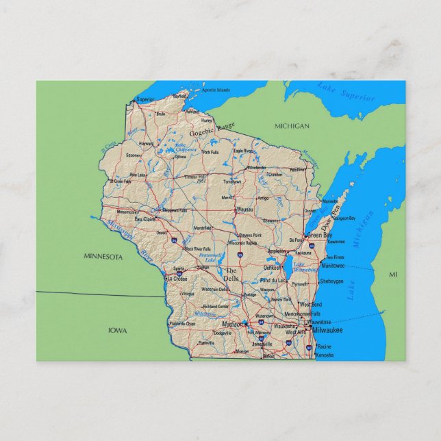 Karta av Wisconsin vykort (grönt) (Framsida)