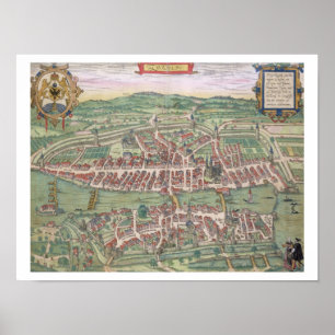 Karta av Zurich, från "Civitates Orbis Terrarum" Poster