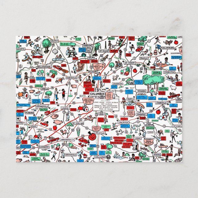 Karta för Columbus Springfield Newark retro Vykort (Framsida)