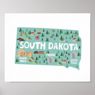 Karta för South Dakota symbolsLandmarks Poster