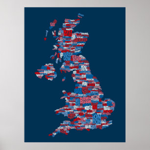 Karta för Storbritannien UK stadstext Poster