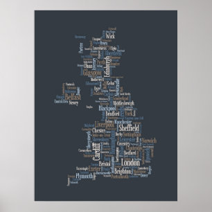 Karta för Storbritannien UK stadstext Poster