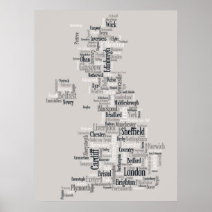 Karta för Storbritannien UK stadstext Poster