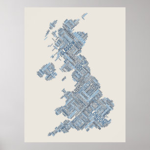 Karta för Storbritannien UK stadstext Poster