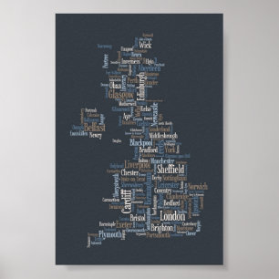 Karta för Storbritannien UK stadstext Poster