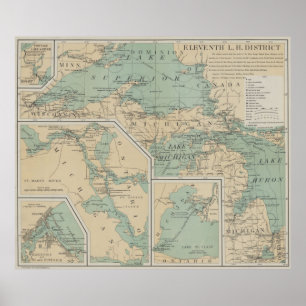Karta för vintageGreat Lakes fyr (1898) Poster