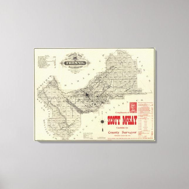 Karta Fresno County, Kalifornien Canvastryck (Framsida)