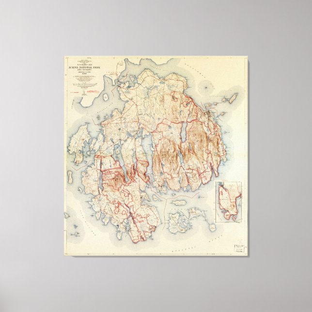 Karta i Acadias nationalpark, Maine (1942) Canvastryck (Framsida)