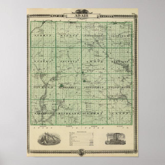Karta i Adair County, delstaten Iowa Poster (Framsidan)