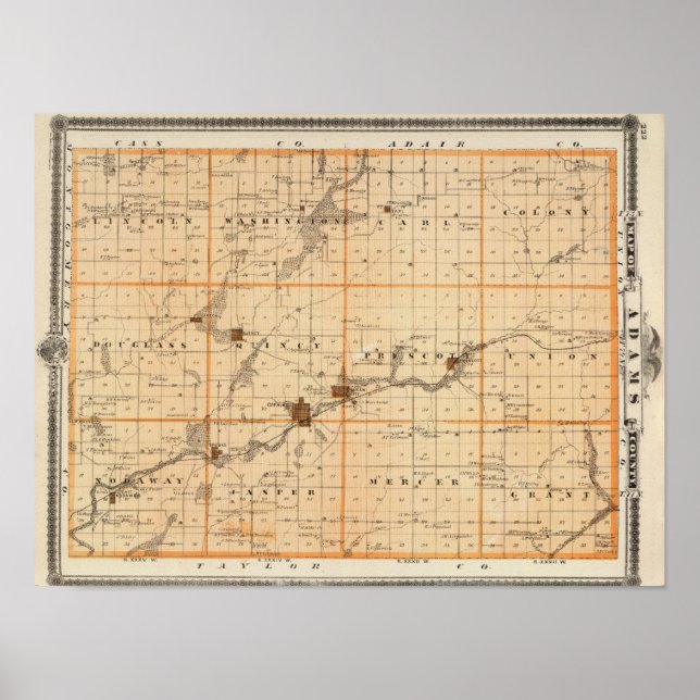 Karta i Adams County, delstaten Iowa Poster (Framsidan)