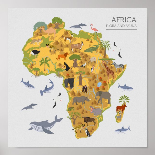 KARTA i AFRIKAN | Flora och fauna Poster (Framsidan)