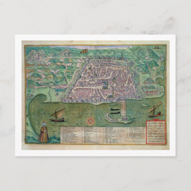 Karta i Alger, från Civitates Orbis Terrarum av Vykort (Framsida)