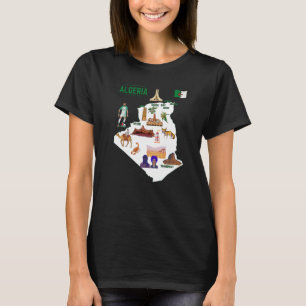 Karta i Algeriet Landmarks Major Cities Flagga T Shirt