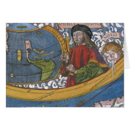 Karta i Amerika med Utforskaren Amerigo Vespucci Hälsningskort