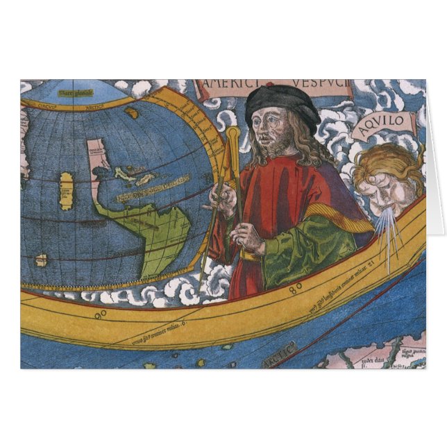 Karta i Amerika med Utforskaren Amerigo Vespucci Hälsningskort (Framsidan Horizontal)