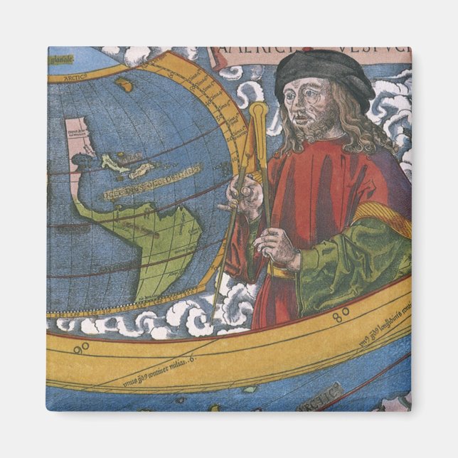 Karta i Amerika med Utforskaren Amerigo Vespucci Magnet (Framsidan)