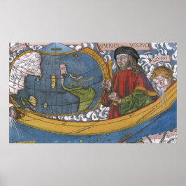 Karta i Amerika med Utforskaren Amerigo Vespucci Poster