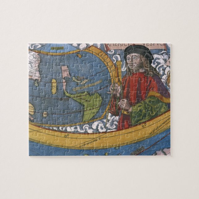 Karta i Amerika med Utforskaren Amerigo Vespucci Pussel (Horisontell)