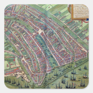 Karta i Amsterdam, från Civitates Orbis Terrarum Fyrkantigt Klistermärke