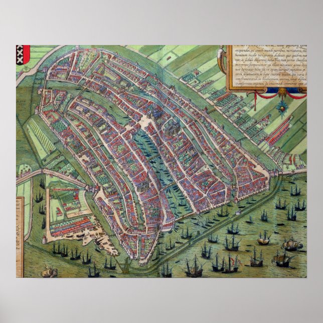 Karta i Amsterdam, från Civitates Orbis Terrarum Poster (Framsidan)