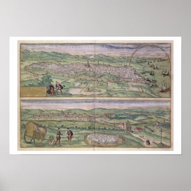 Karta i Barcelona, från Civitates Orbis Terrarum Poster (Framsidan)