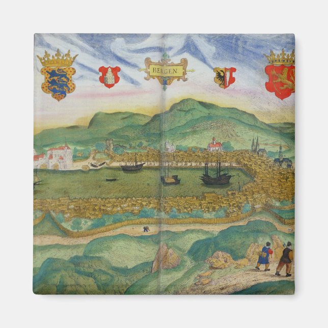 Karta i Bergen, från "Civitates Orbis Terrarum" av Magnet (Framsidan)