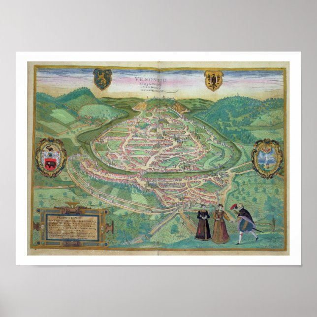 Karta i Besancon, från Civitates Orbis Terrarum b Poster (Framsidan)