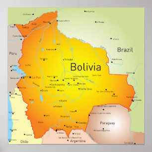Karta i Bolivia med städer och Gräns Poster