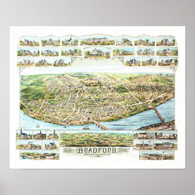 Karta i Bradford Massachusetts 1892 Poster (Framsidan)