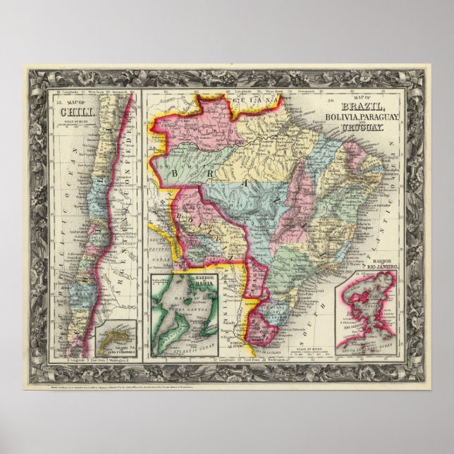 Karta i Brasilien, Bolivia, Paraguay och Uruguay Poster (Framsidan)