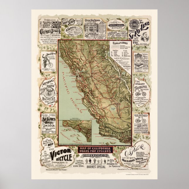 Karta i California Bicycle Road - 1895 Poster (Framsidan)