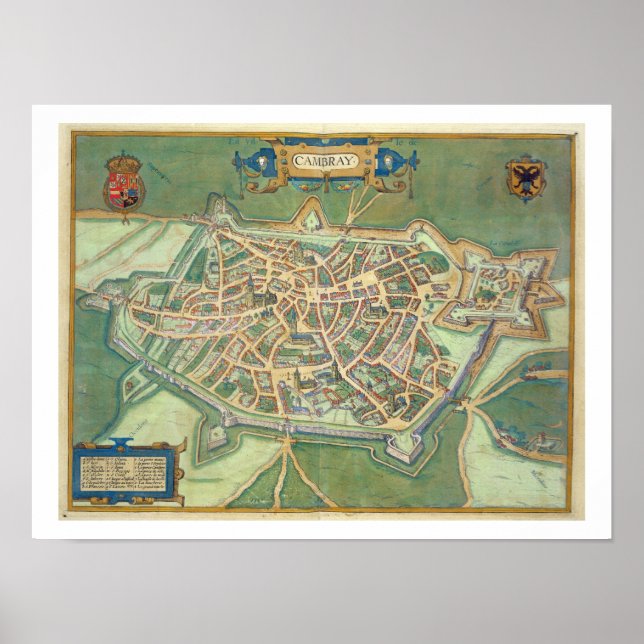 Karta i Cambrai, från "Civitates Orbis Terrarum" a Poster (Framsidan)