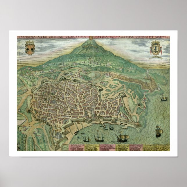 Karta i Catania, från Civitates Orbis Terrarum av Poster (Framsidan)