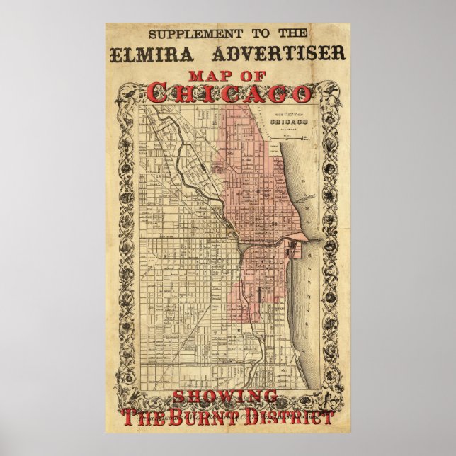 Karta i Chicago som visar brinndistriktet Poster (Framsidan)