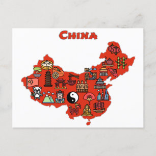 karta i China med ikoner för kinesiska destination Vykort