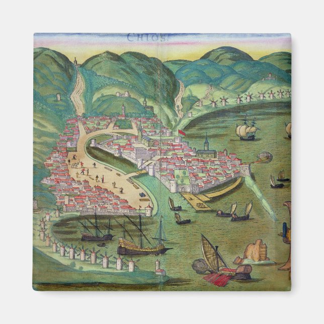 Karta i Chios, från "Civitates Orbis Terrarum" av  Magnet (Framsidan)