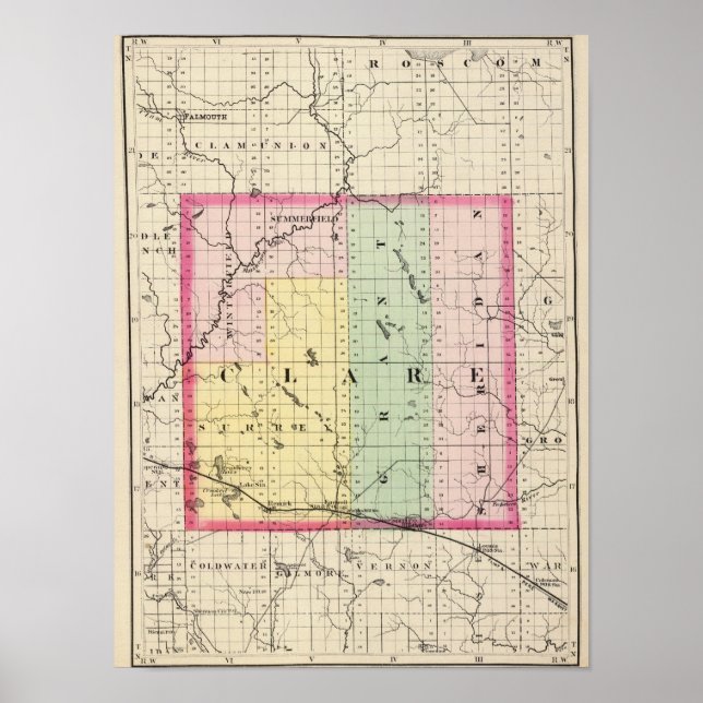 Karta i Clare County, Michigan Poster (Framsidan)