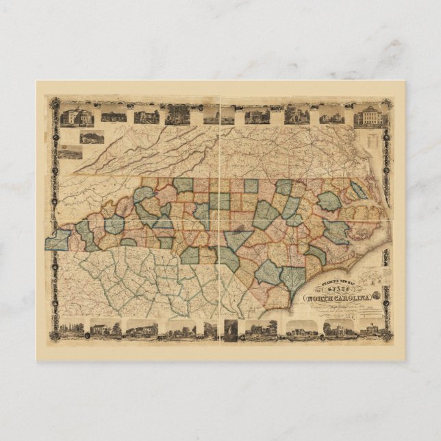 Karta i delstaten North Carolina (c 1870) Vykort (Framsida)