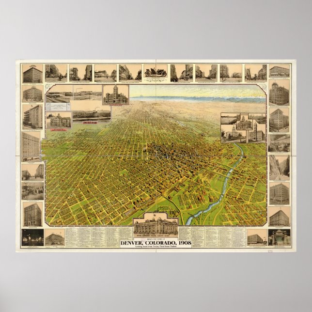 Karta i Denver, Birds-Öga View, 1908 Poster (Framsidan)