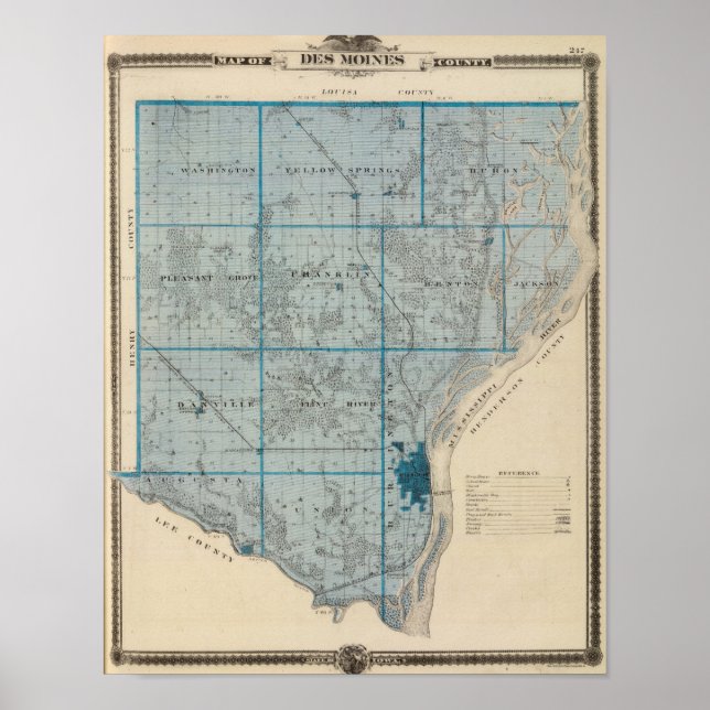 Karta i Des Moines County, delstaten Iowa Poster (Framsidan)