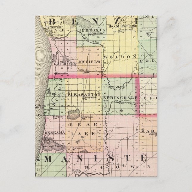 Karta i distrikten Benzie och Manistee, Michigan Vykort (Framsida)