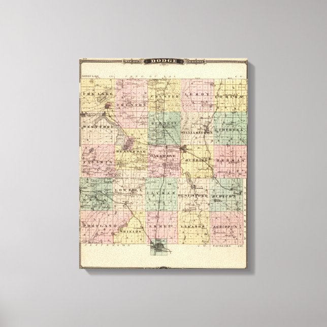Karta i Dodge County, delstaten Wisconsin Canvastryck (Framsida)