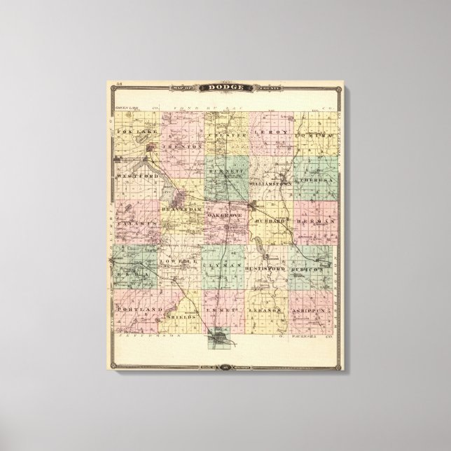 Karta i Dodge County, delstaten Wisconsin Canvastryck (Framsida)