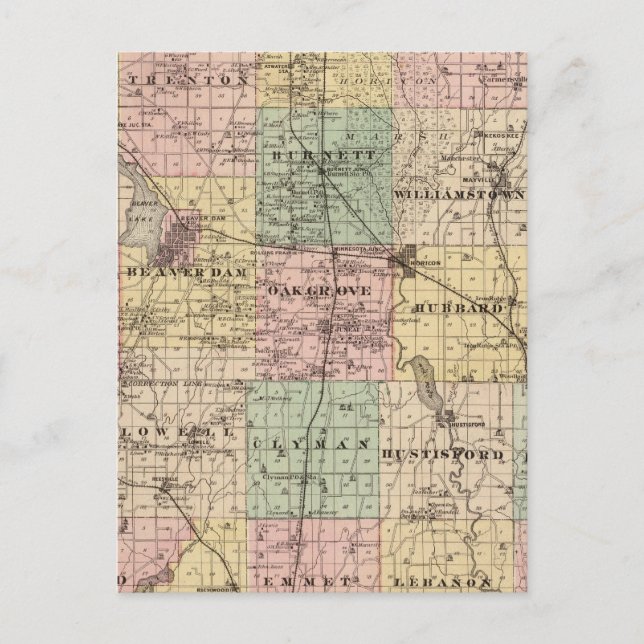 Karta i Dodge County, delstaten Wisconsin Vykort (Framsida)